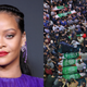 Rihanna at the 51st NAACP Image Awards on February 22, 2020; Palestinians gather to pray around the bodies of 13 Hamas militants, killed in Israeli air strikes, during their funeral on May 13, 2021.
